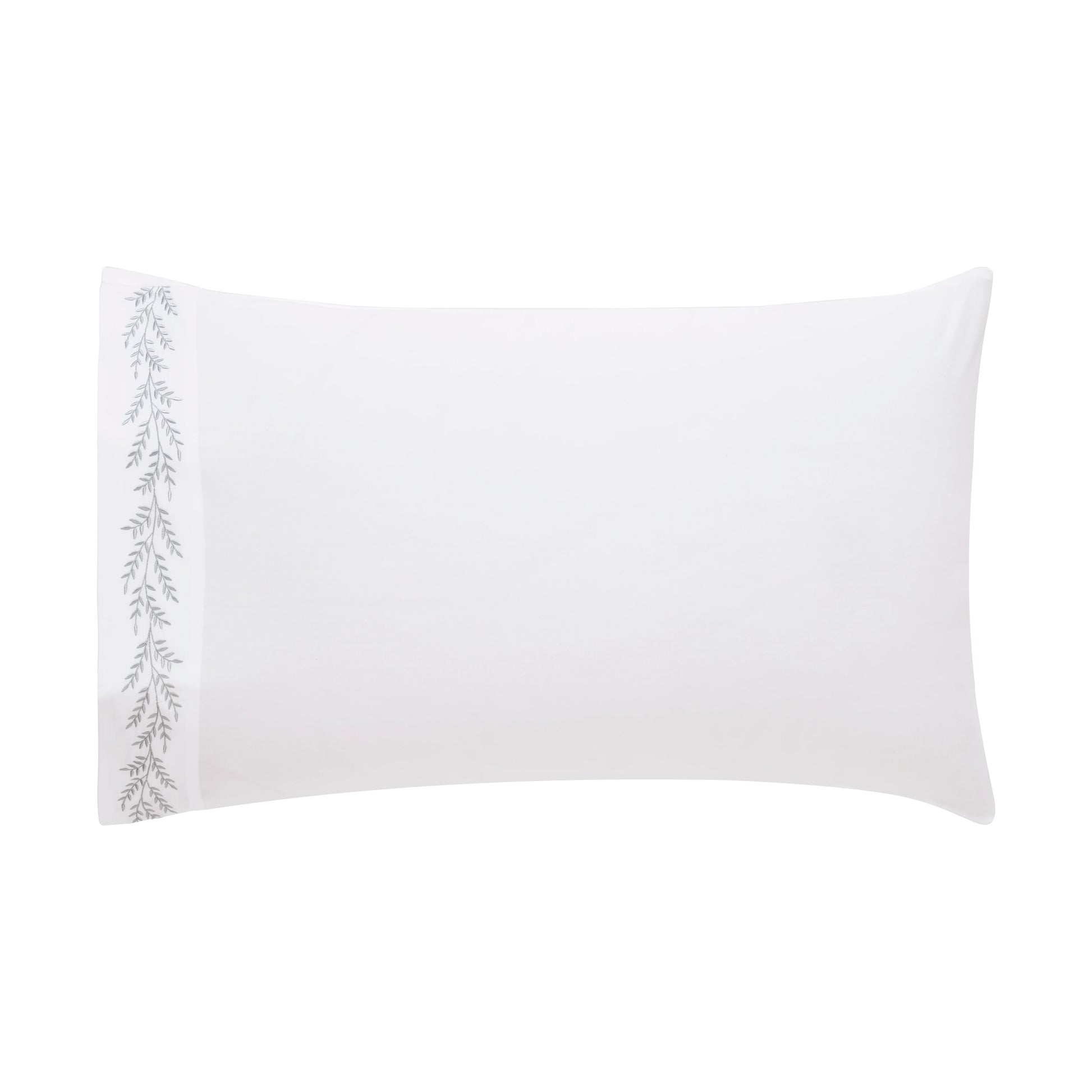 Nargis Botanical Embroidery Grey on White Pillowcase 1