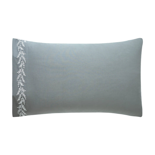 Nargis Botanical Embroidery Stone Blue on White Pillowcase